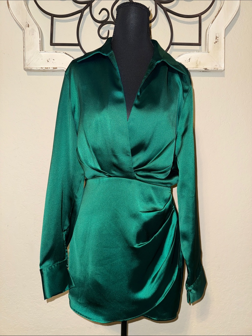 Zara Emerald Satin Wrap Blouse Dress